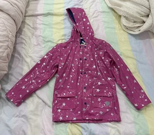 HATLEY Rain Coat Jacket Girls Size 12 Star Pink Glitter ￼Lined Hooded New - Picture 1 of 6