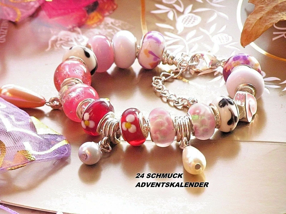 24 Schmuck Adventskalender für Mädchen Anhänger Beads Pink Rosa Perlen Armband - Bild 1 von 1