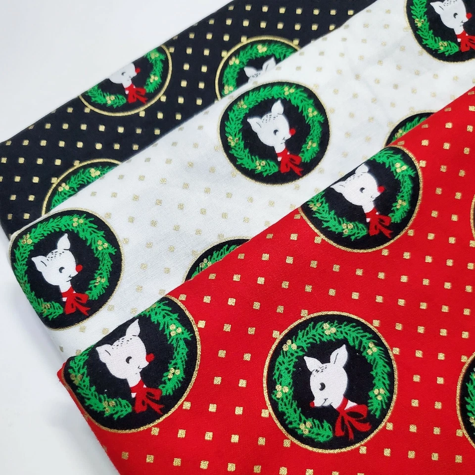 Michael Miller Fabric Christmas Deer 3 Piece Retro Floral NEW FAT QUARTER SET - Image 1 of 1