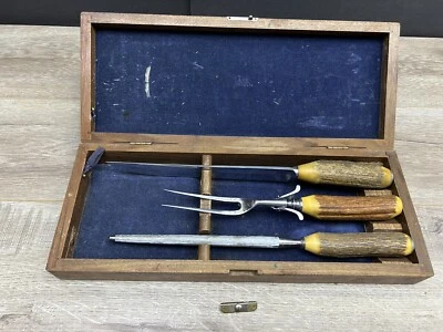 Винтажный Case XX Хром Резчик Олень Ручка Резьба Набор В Чехле - Изображение 1 из 4