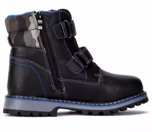 Woolen Lined Winter Snow Black Leather Camo Zipper Boys Boots 21 Blue - Picture 1 of 8