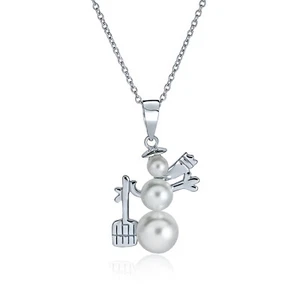 Elegant Winter White Pearl Snowman Pendant Necklace in Sterling Silver - Picture 1 of 3