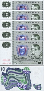Sweden Suede 10 Kronor 1984, UNC-, 5 Pcs LOT, P-52 - Picture 1 of 4
