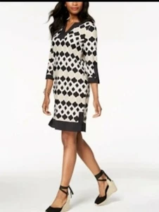 CHARTER CLUB Shift Dress Sz S geometric printed long sleeve black-creme stretch - Picture 1 of 9