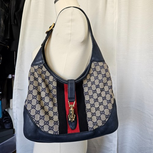 Autentica borsa vintage Gucci nuova Jackie 1961 blu navy crema monogramma