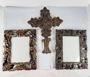 Carved Wood Frames & Wall Cross Rustic Floral Boho Decor Set of 3 Hobby Lobby - Picture 1 of 6