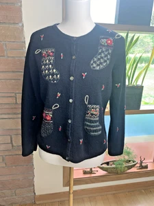 Vintage TALBOTS  Christmas Stocking Cardigan Sweater  Black Lambswool Medium - Picture 1 of 7