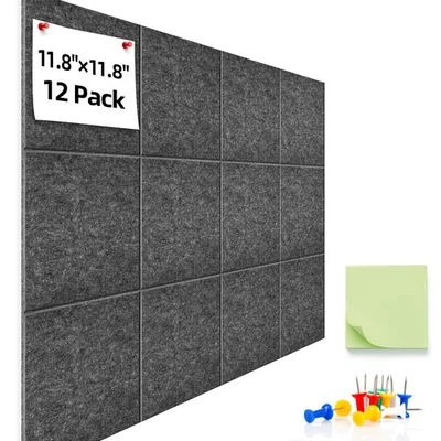 12 Pack Gray Felt Wall Tiles 47x35, Large Cork Board, Adhesive Tabs, Push Pins - Image 1 of 4