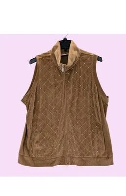 Quacker Factory Women Brown Argyle Velvet Studded Sleeveless Zip-Vest Size 2X #4 - Image 1 of 4