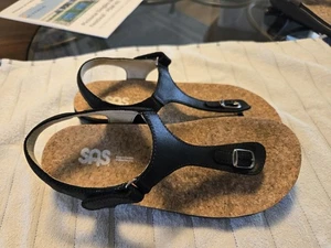 SAS Marina T Strap Leather Sandals Cork Sole Size 8 Black leather.  - Picture 1 of 3