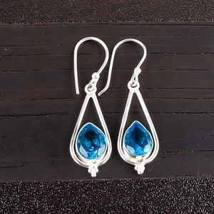 Swiss Blue Topaz Gemstone 925 Sterling Silver Jewelry Hook Earrings Gift For Mom - Picture 1 of 6