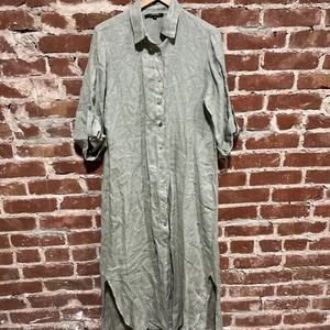 Charlie B 100% Linen Shirt Dress Maxi 3/4 Sleeve Green Womens Medium Italy - Picture 1 of 4