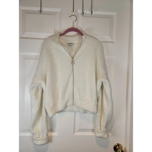 Damen Gr. L Gymshark x Whitney Eyelash Jacke Cropped Full Zip Weiß Fuzzy - Bild 1 von 6