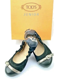 TOD'S Girls Italian Suede Ballet Flat in Black with Bronze Accent US SZ 11.5 NEW - Picture 1 of 8