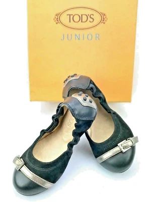 TOD'S Girls Italian Suede Ballet Flat in Black with Bronze Accent US SZ 11.5 NEW - Image 1 of 4