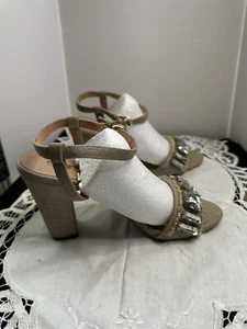 Audrey Brooke Gold Chunky Block Heel Embellished Studded Sandals Heels 6.5 - Picture 1 of 7