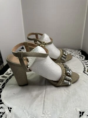 Audrey Brooke Gold Chunky Block Heel Embellished Studded Sandals Heels 6.5 - Image 1 of 4