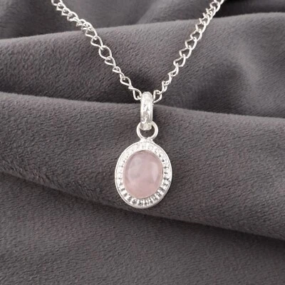 Pingente de pedra preciosa de quartzo rosa natural prata esterlina 925 feito à mão para meninas - Imagem 1 de 4