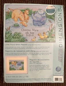 Dimensions Little Pond Baby Birth Record Cross Stitch Duck Elephant Giraff 12x9” - Picture 1 of 8