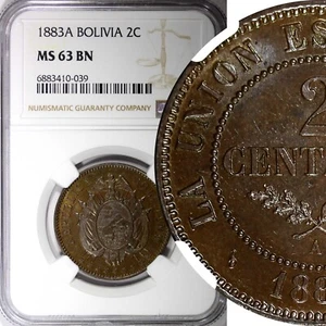 BOLIVIA Copper 1883 A 2 Centavos NGC MS63 BN Paris . Mintage-250,000 KM# 168 (9) - Picture 1 of 5