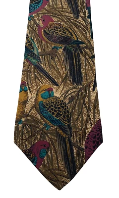 Corbata Cuello Perry Ellis Seda Vintage Rosella Loro Periquito Pájaros Años 80 Hecha a Mano Foto 1 de 4