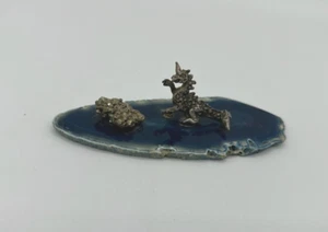 Pewter Fantasy Wingless Unicorn Dragon & Crystal Pyrite on Polished Blue Agate - Picture 1 of 6