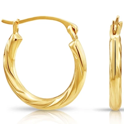 14K Real Solid Yellow Gold Twisted Round Creole Hoops Earrings Small Size 15MM - Image 1 of 4