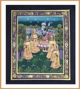 Radha Krishna Miniatur Original Gemälde auf Seidentuch Indien Naturfarben! - Bild 1 von 5