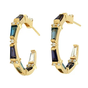Diamond Lolite Moonstone Topaz 18k Yellow Gold Hoop Earring Handmade Earrings - Picture 1 of 5