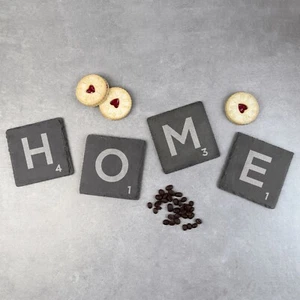 Set of 4 Scrabble Letter Tile Slate Coasters Gift Present Engraved HOME Heart - Picture 1 of 25