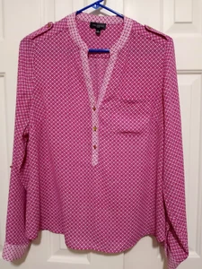 THE LIMITED Long Sleeve 1/2 Button Up Blouse Fushia/White Print (L) EUC - Imagen 1 de 3
