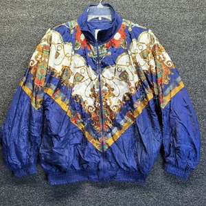 Womens Blue Vintage Resort Bay Jacket Gold/Navy Print (Tear on shoulder) Sz S - Picture 1 of 8