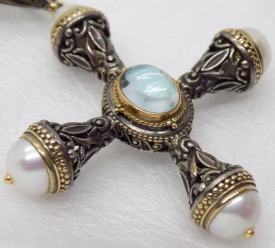 Gerochristo 750 18k Gold 925 Sterling Silver Aquamarine Ruby Pearl Cross Pendant - Image 1 of 4