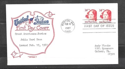 Vintage 1987 Artopages JULIA WARD HOWE Scott #2176 Strip of 2 First Day Cover - Image 1 of 2