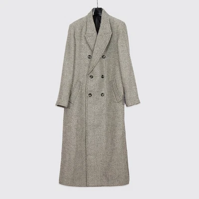 TOPMAN Overcoat Size L Gray Black Herringbone Check Long Double Breasted - Image 1 of 4