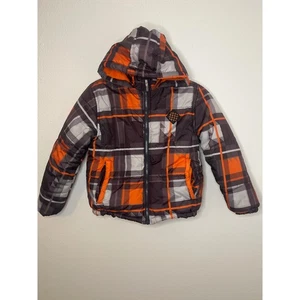 Big Chill Freestyle Kids Puffer Jacket Hooded Plaid Orange Brown Size 10/12 - Picture 1 of 4