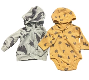 Just One You By Carter's 2 Baby Hoodies 3M Yellow w/ Moose & Green w/Dinosaurs - Picture 1 of 6