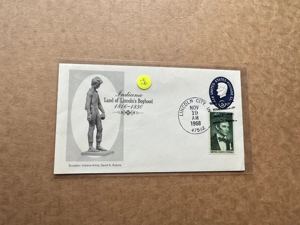 US 1968 Patriotic Cover (99)+Lincoln's Boyhood in Indiana +Sculpture by Robins#2 - Image 1 of 1