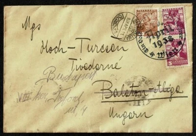 SG44 AUSTRIA 1938 Forwarded cover Vienna to Balaton to Budapest Cancels!!! - Image 1 of 2