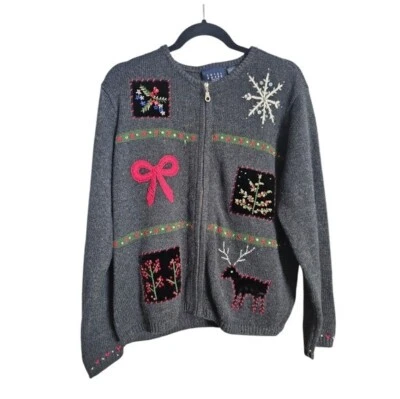 CRAZY HORSE BY LIZ CLAIBORNE Gray Christmas Zip-Up Cardigan - Size Large Foto 1 de 4