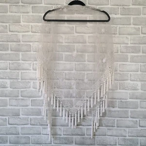 Mantón de encaje con borlas bordado con cuentas intrincado blanco cálido boda invitado floral - Imagen 1 de 12