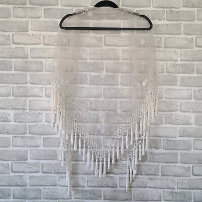 Beaded Embroidered Tasseled Lace Shawl Intricate Warm White Wedding Guest Floral - Image 1 of 4