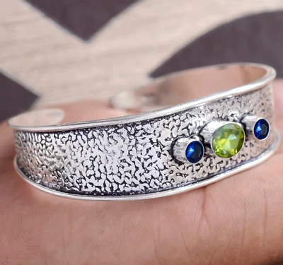 Peridot Cut, Tanzanite Gemstone Jewelry 925 Sterling Silver Man's Cuff Bracelet - Image 1 of 4