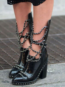 Modny metalowy łańcuszek kwadratowy obcas botki spiczaste palce buty damskie