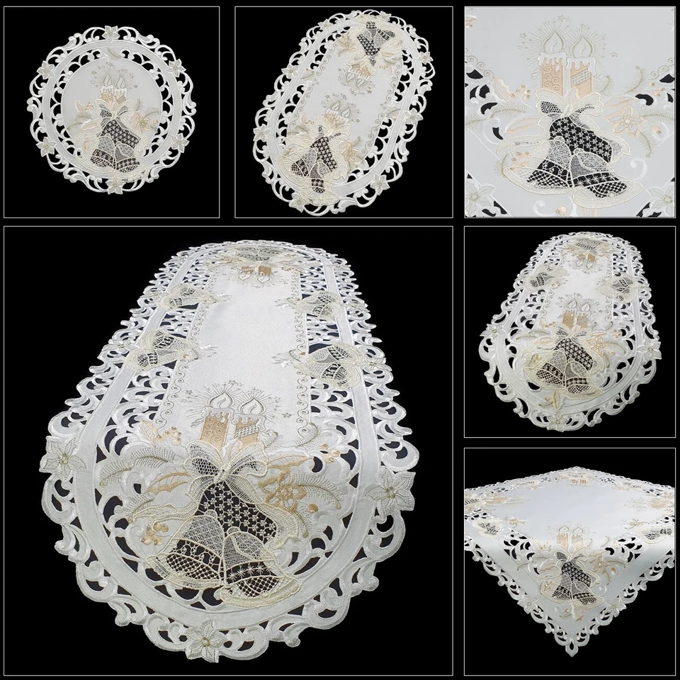 WEIHNACHTSTISCHDECKE DECKCHEN TISCHLÄUFER  WEIHNACHTEN  SPITZE GOLD STICKEREI - Bild 1 von 1