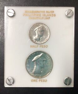 1947-S PHILIPPINES COMMEMORATIVE SILVER 1/2 PESO & ONE PESO COINS IN HOLDER!
