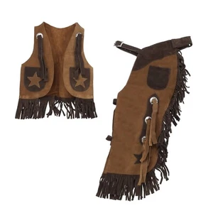 KIDS CHAPS & VEST Mustang Bay Star Design 2 Tone Suede Fringe Cowboy Dress Up - Foto 1 di 3