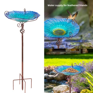 Glass Bird Bath Garden Outdoor Birdbaths Bird Feeder with Metal Stake Yard Decor - Picture 1 of 11