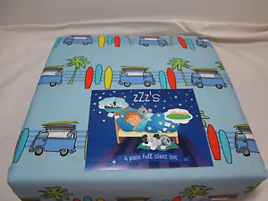 Nuovo set completo di lenzuola ZZZ'S SURFS UP ~ tavola da surf, palma, furgone ~ blu, arancione, - Foto 1 di 7