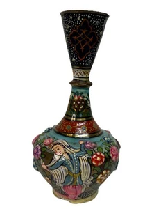 Handpainted Persian enamel 6.5” Bud Vase Dancer Floral Peacocks VTG - Picture 1 of 9
